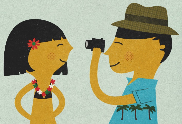 Illustration of a woman and man in tourist attire, with the man holding binoculars and looking toward palm trees.