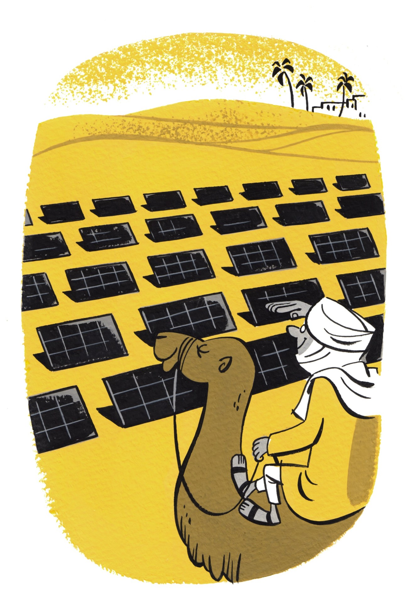 Illustration of a figure in white clothing and hat standing in the Sahara desert with solar panels embedded in yellow sand and palm trees on the horizon.