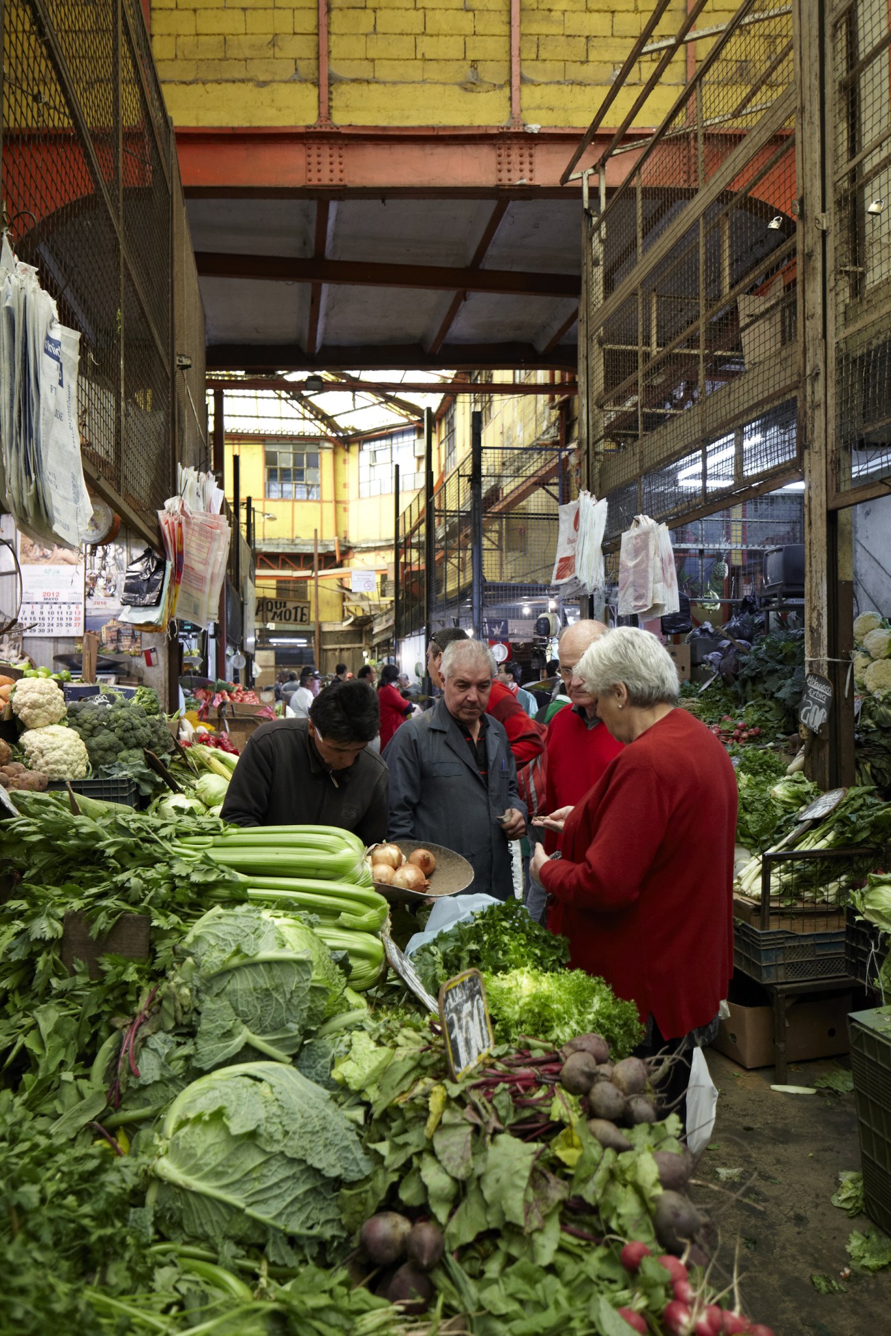 Shoppers browse fresh vegetables at a covered market stall in Valparaíso's Cardonal market.