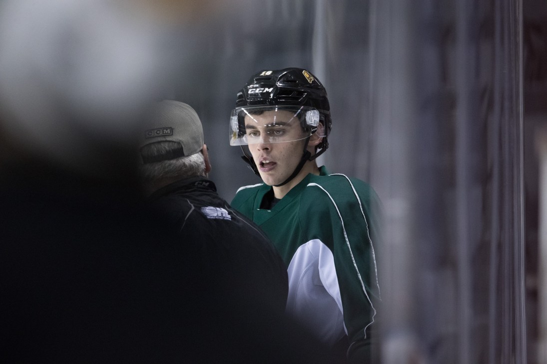 Hockey player Liam Foudy in green uniform and black helmet talking with coach