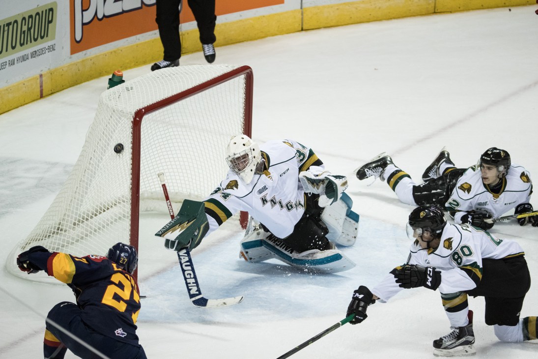 Knights goaltender Tyler Johnson defending the team's lead from an Otters onslaught