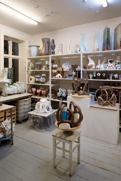 Contemporary ceramics studio displaying sculptural pottery pieces on shelves and pedestals.