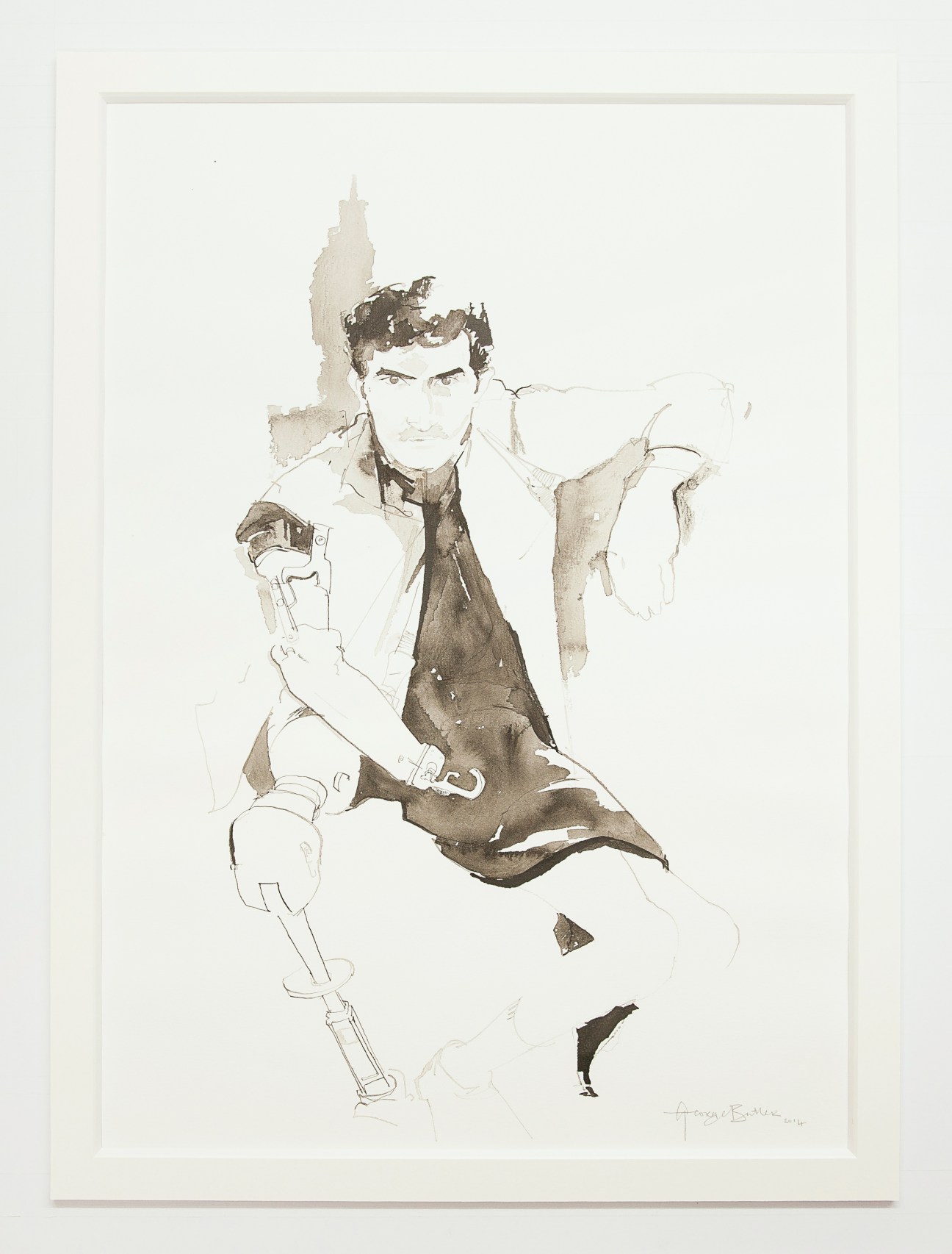 Ink and watercolor drawing of an Afghan man with prosthetic limbs by artist George Butler.