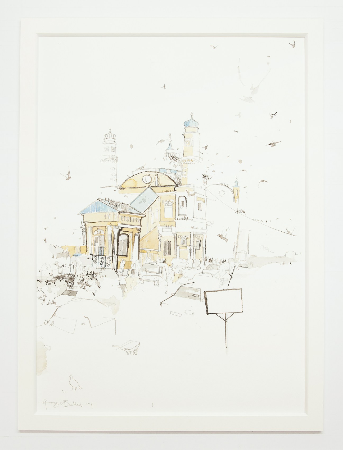 Ink and watercolor drawing of a Kabul mosque with minarets, surrounded by people, vehicles, and flying birds in a busy urban scene.