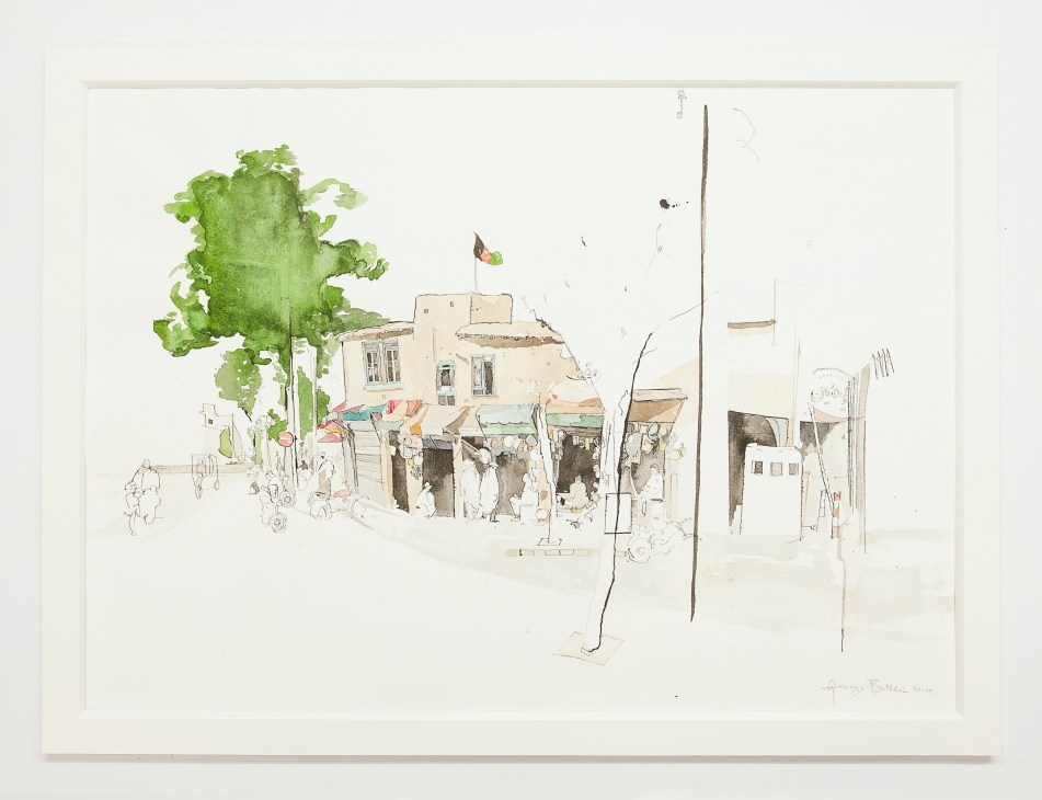 Ink and watercolour drawing of a Kabul street scene with buildings, people, a tree, and utility poles by artist George Butler.