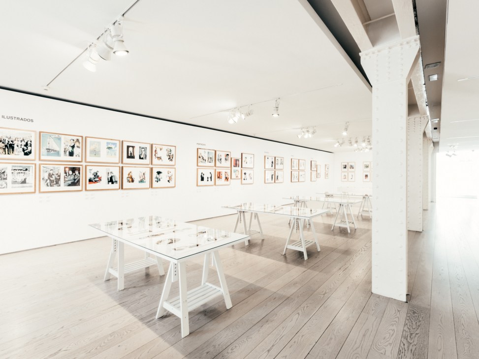 Modern gallery space with white walls displaying framed illustrations and sketches on wooden frames, glass-topped display tables with white pedestals, and minimalist track lighting.