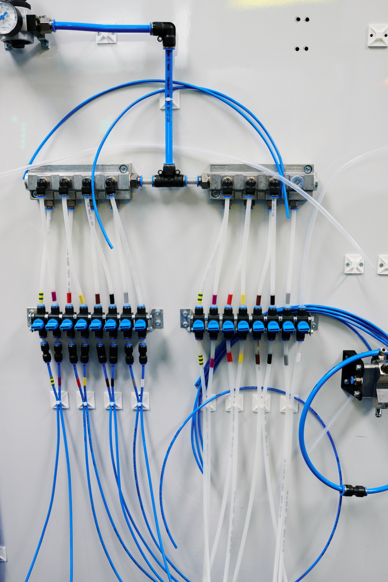 Blue cables and black connectors organized on a white wall panel in an industrial cleanroom setting.