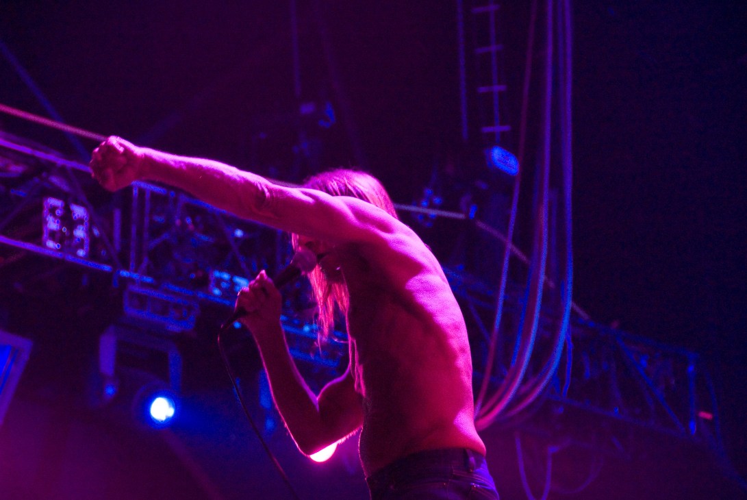 Iggy Pop performs shirtless on stage, leaning over a railing with dramatic purple and pink stage lighting.