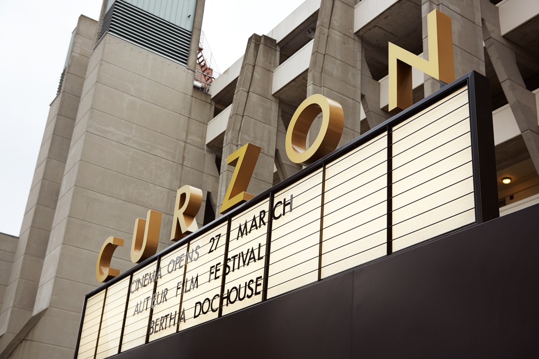 Gold lettering on Curzon Bloomsbury's exterior signage at the Brunswick Centre.