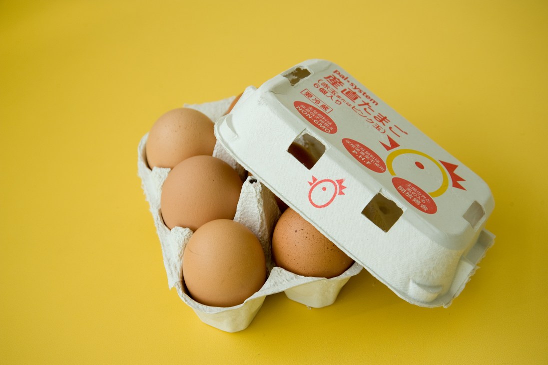 Eggs from hens raised on domestic rice mixed with feed in cardboard carton against yellow background.