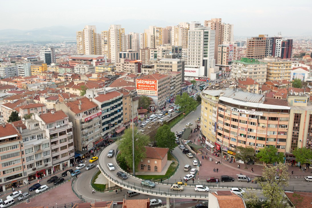 Aerial view of Bursa's Fomara neighborhood with dense urban residential and commercial buildings
