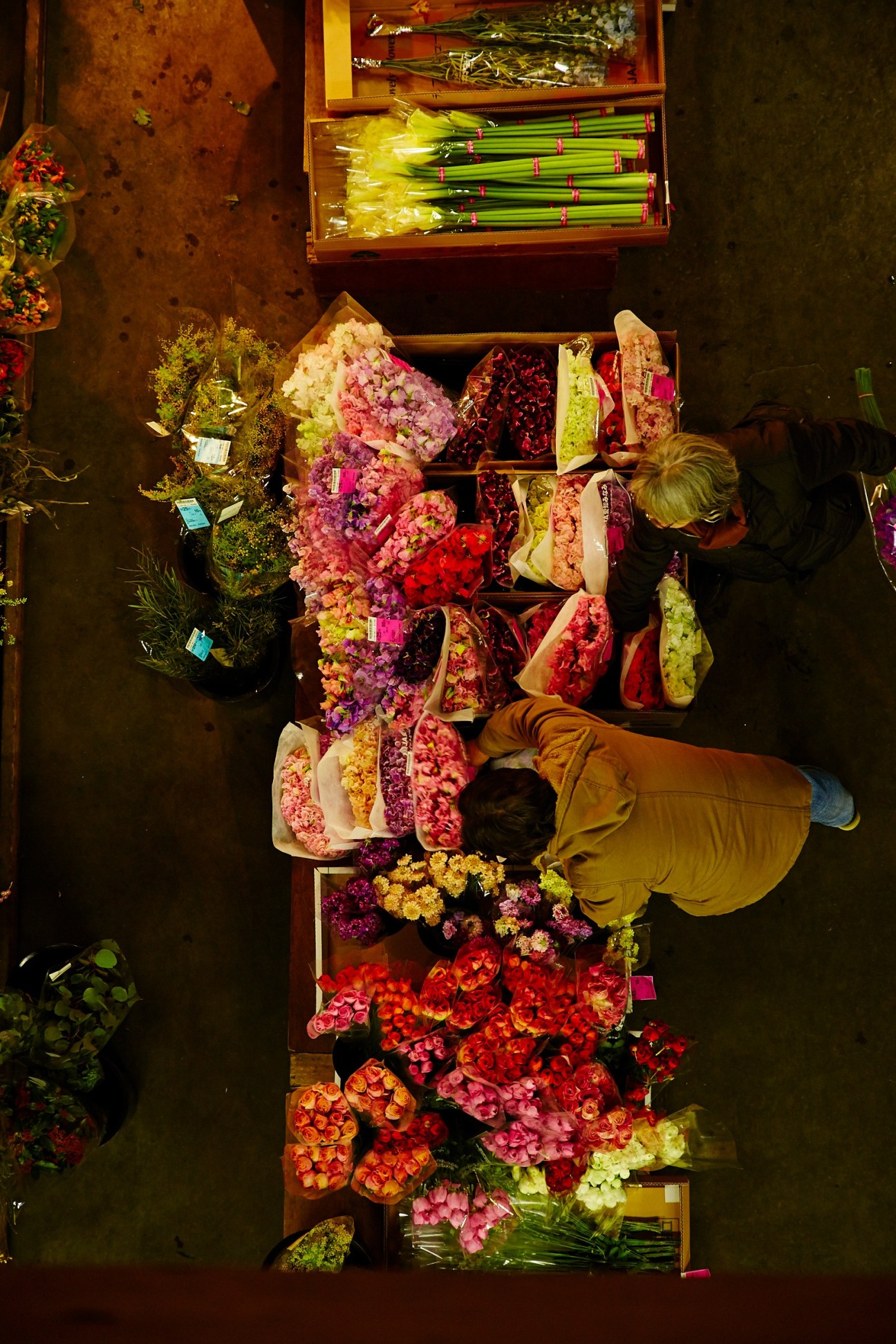 Overhead view of a buyer examining colorful flower bunches arranged in wooden crates at Ota flower market.