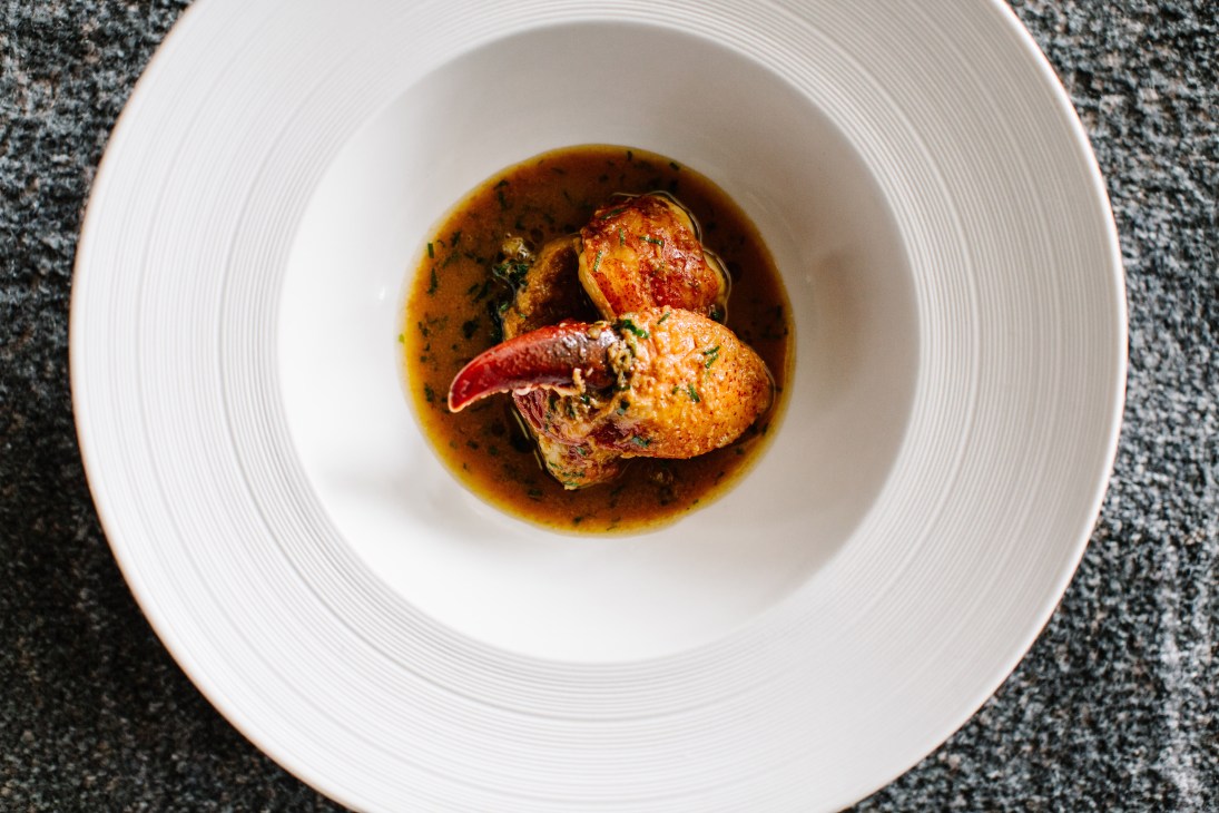 Braised Canadian lobster with tarragon served in a white bowl with sauce.