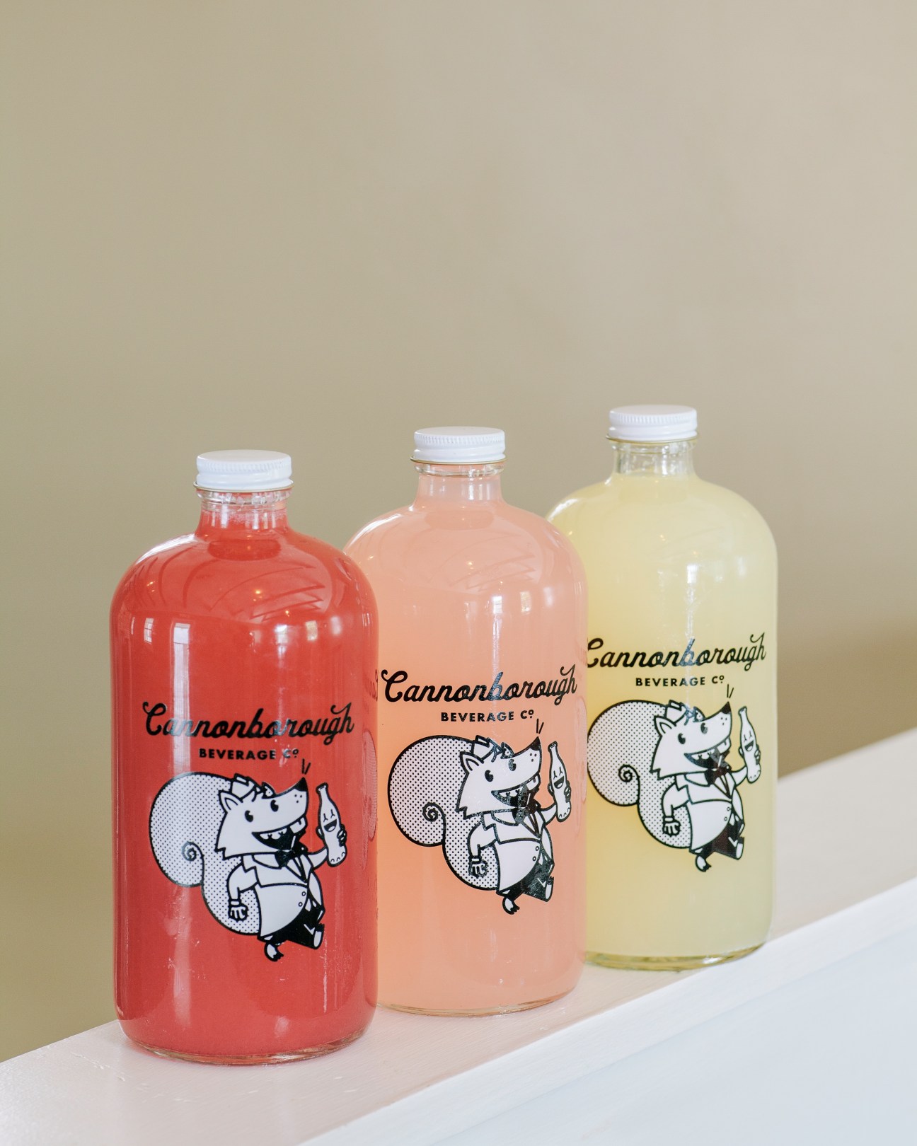 Three glass bottles of Cannonborough Beverage Co soda in red, pink, and yellow flavors with white caps and squirrel-themed labels.