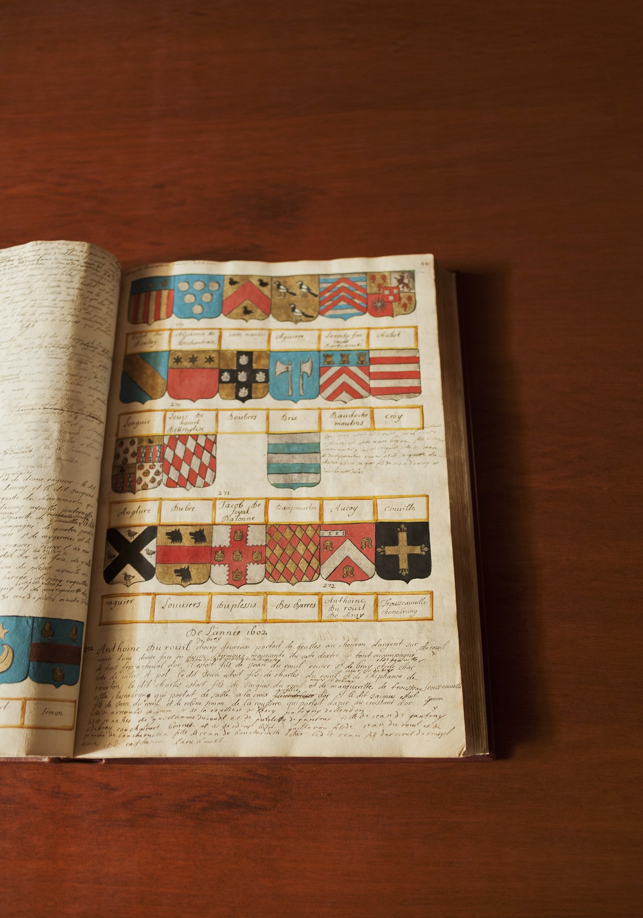 Open book page displaying colorful heraldic coats of arms arranged in rows with handwritten labels and text.