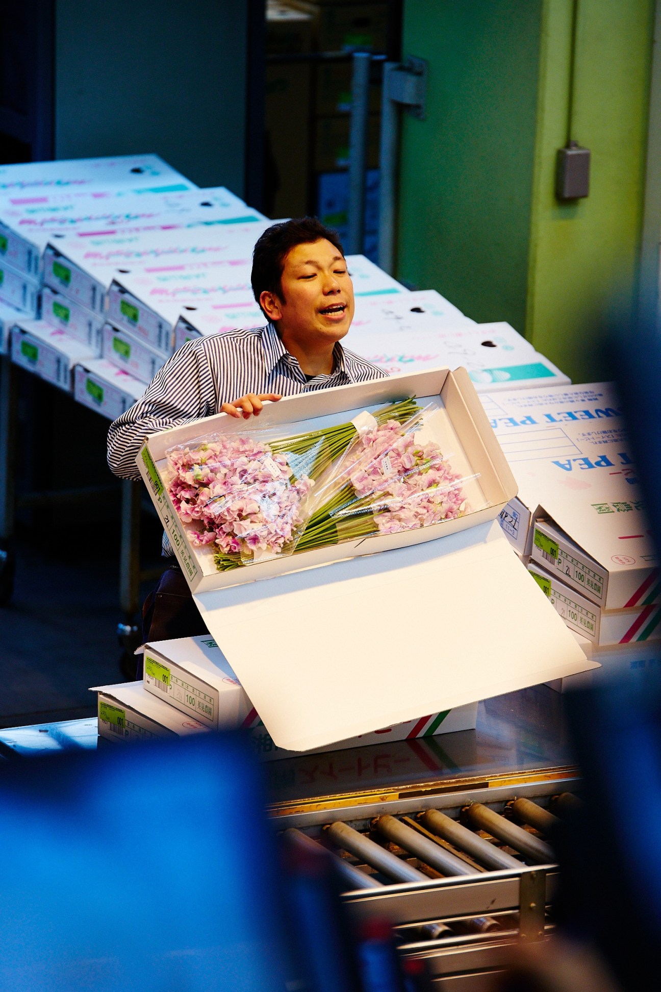 An auctioneer in a striped shirt holds up a box of pink flowers at Ota Floriculture auction in Tokyo.