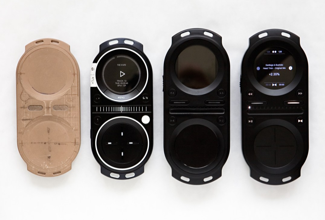 Four iterations of the Pacemaker DJ device showing design evolution from clay model to final black versions.