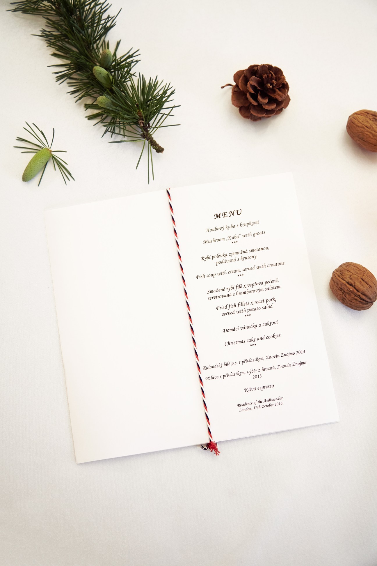 Printed menu card with pine sprigs, pinecones and twine on white background.