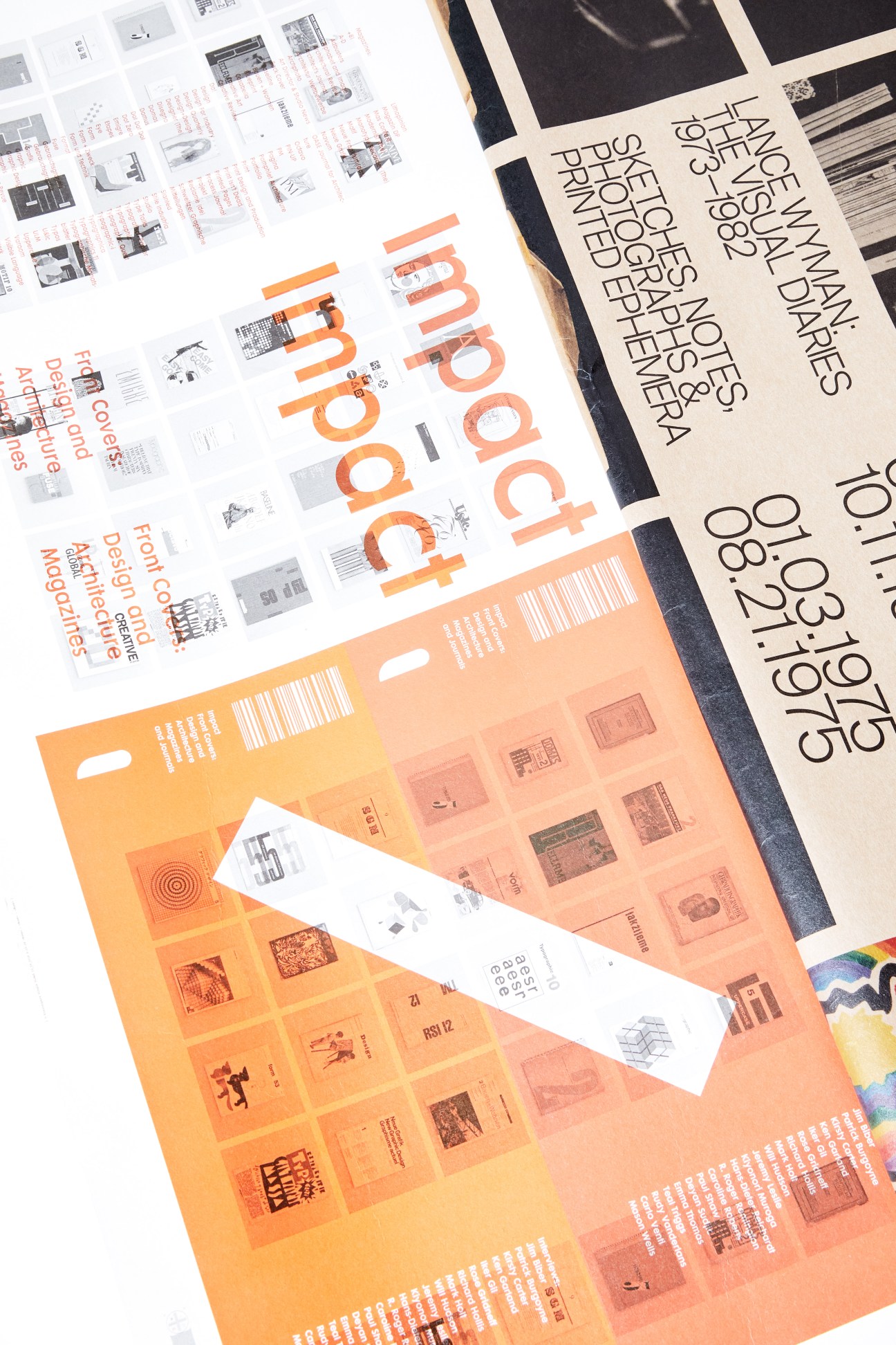 Unit Editions' Impact book displayed with design publications and periodicals from the 1920s to 1970s.
