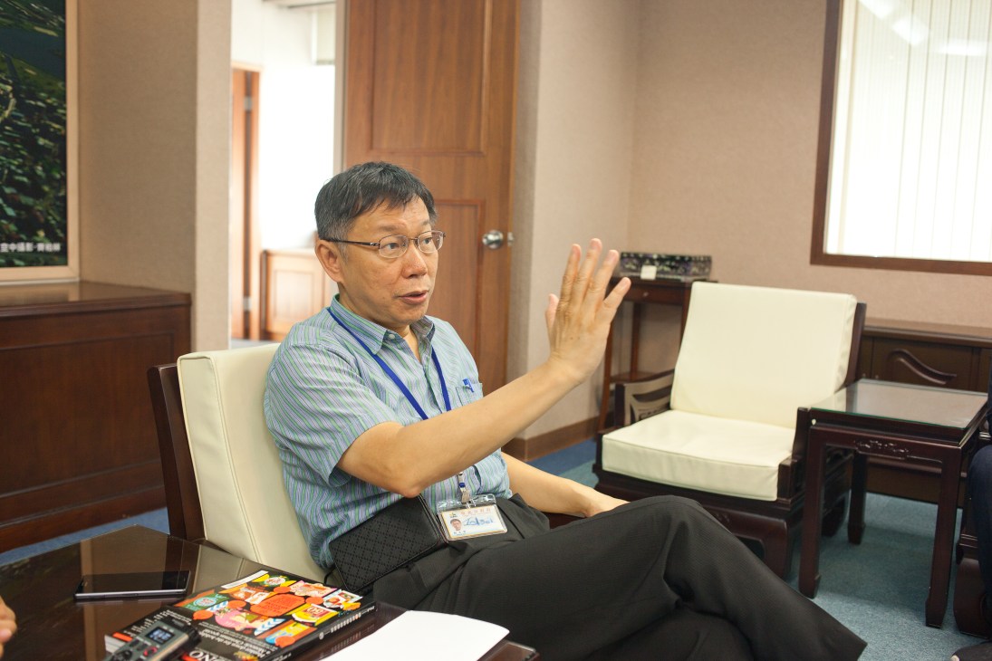 Taipei mayor Ko Wen-je gestures while speaking in his office at city hall.