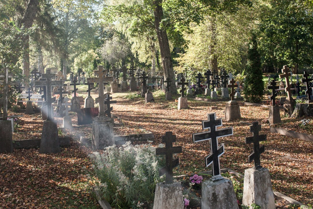 Old Believers graveyard in Kolkja, Estonia with wooden crosses and headstones beneath tall trees.