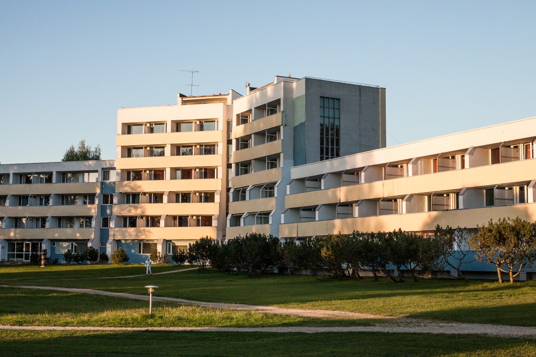 Soviet-era apartment building with modernist architecture in Voru, Estonia