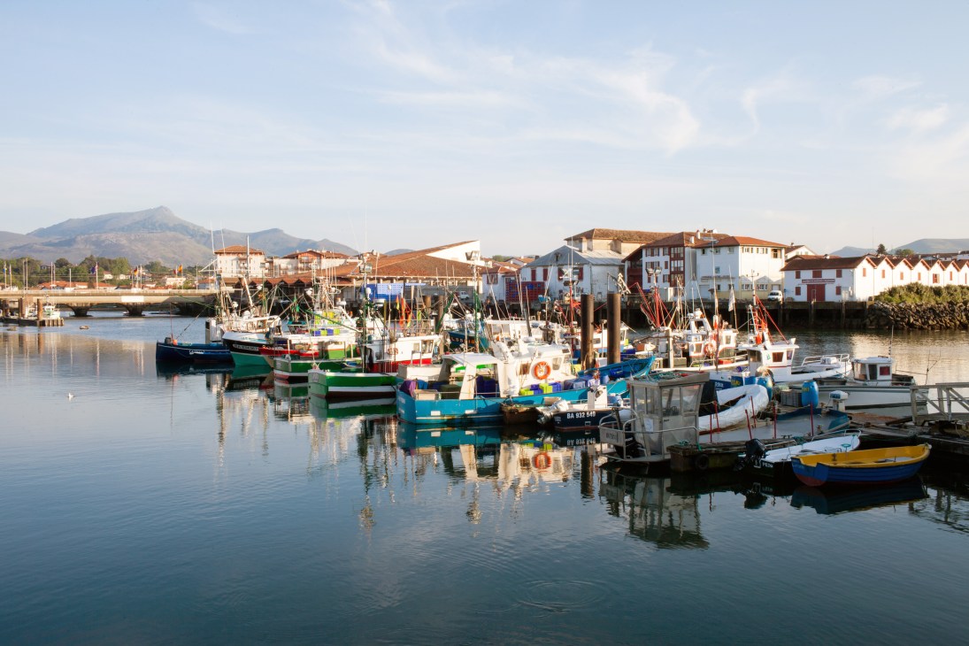 Colorful fishing boats moored in calm water at Saint-Jean-de-Luz port with traditional Basque buildings and mountains in background.