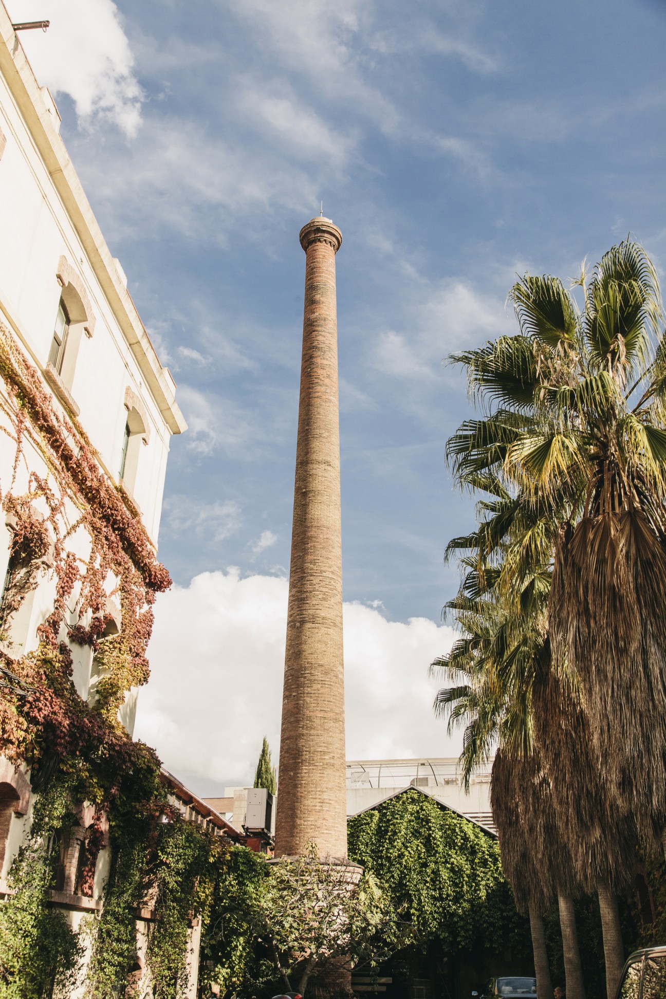 Tall industrial smokestack surrounded by ivy-covered buildings and palm trees in Barcelona's Poblenou district.