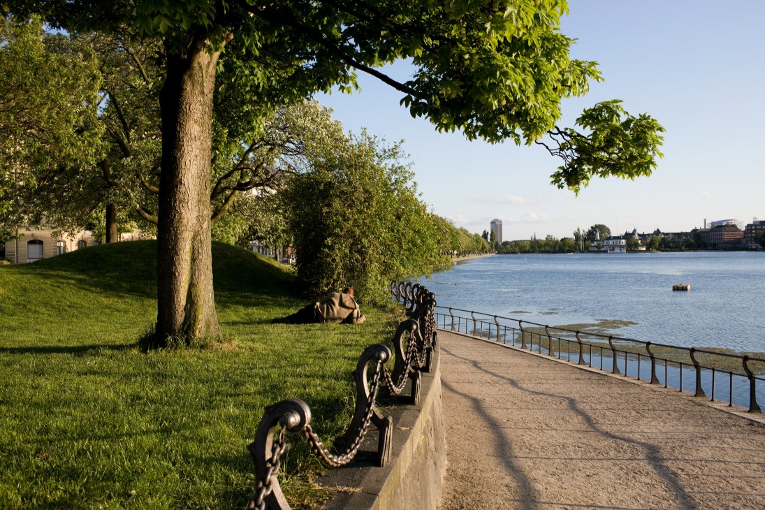 Park by Queen Louise bridge with trees, grass, waterfront and cycling path