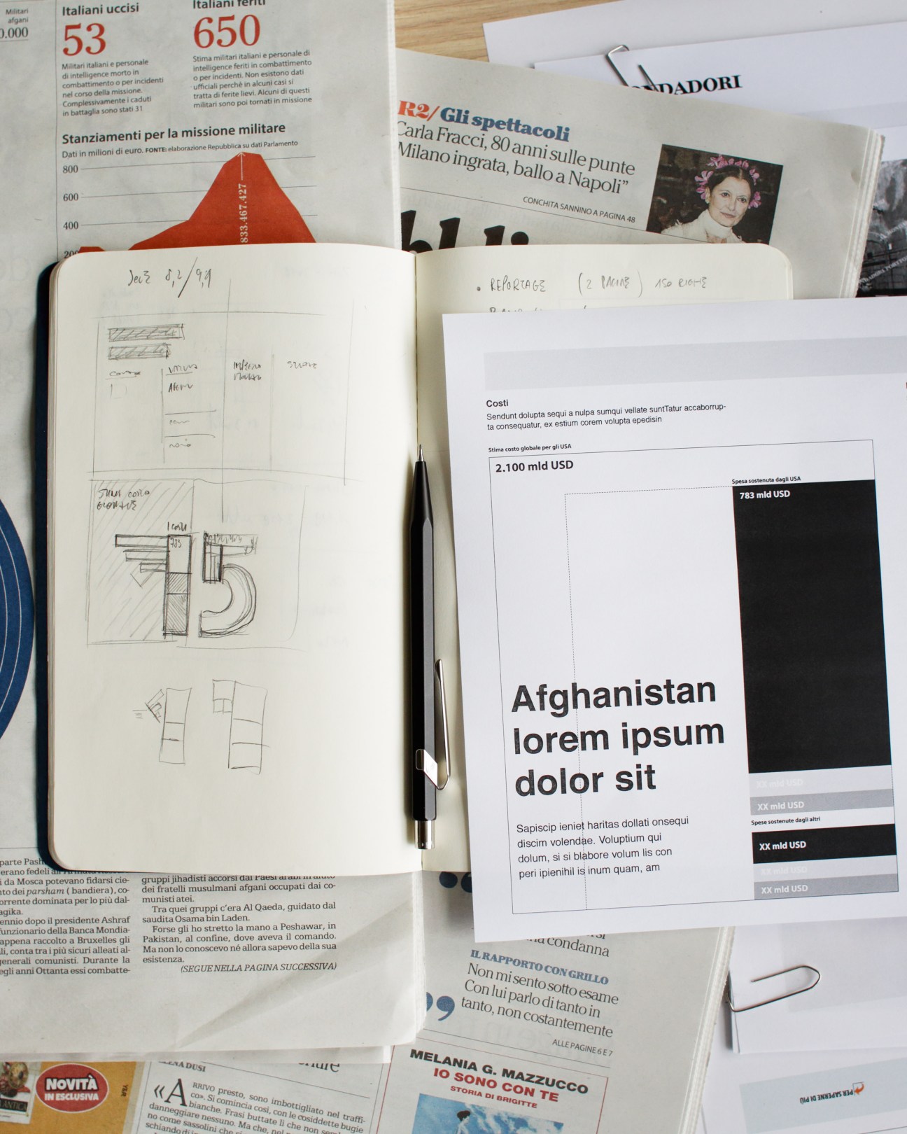 Sketched infographic layouts and design notes in an open notebook next to printed newspaper mockups and pages.
