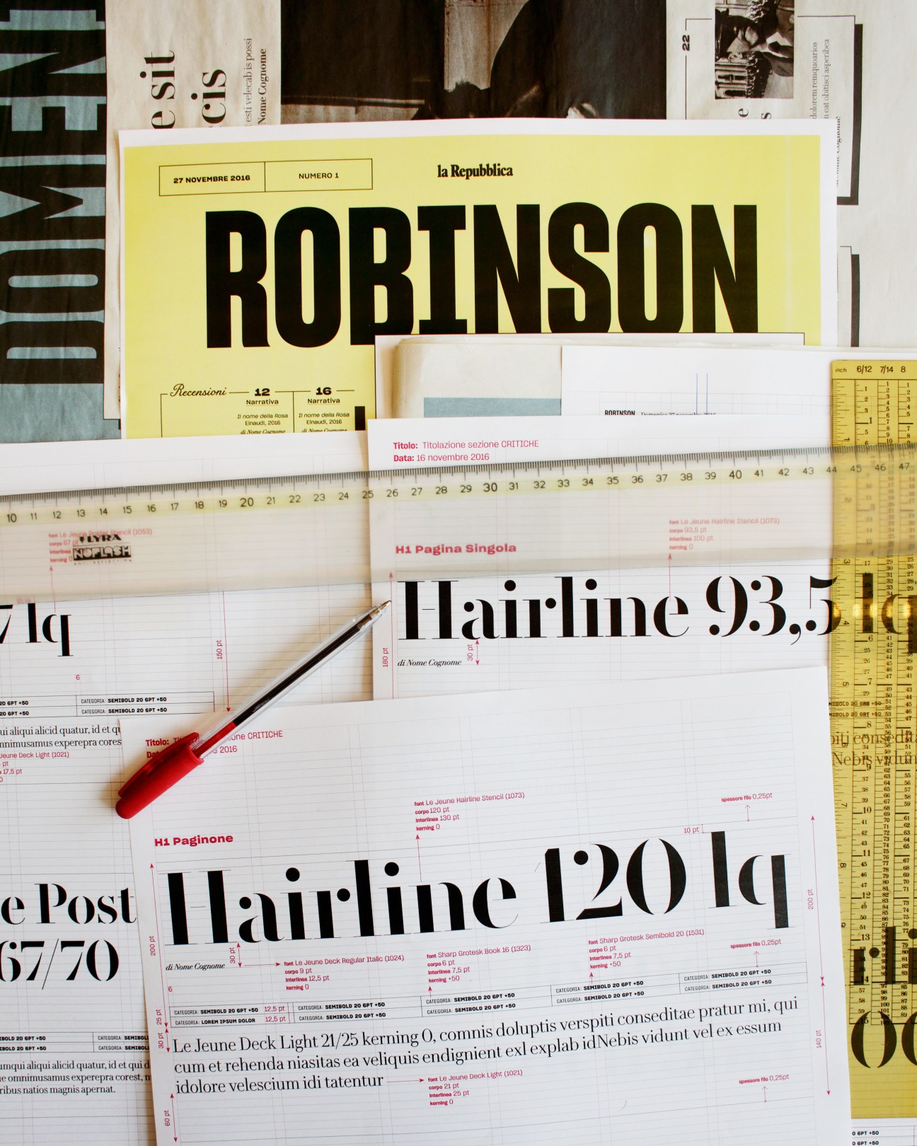 Design layouts and typography specifications for La Repubblica's Robinson cultural insert, with yellow masthead, stencilled fonts, ruler, and red pen.