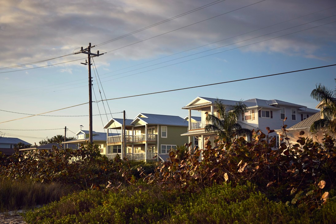 Elevated beachfront homes with palm trees and wild vegetation on Anna Maria Island, Florida.