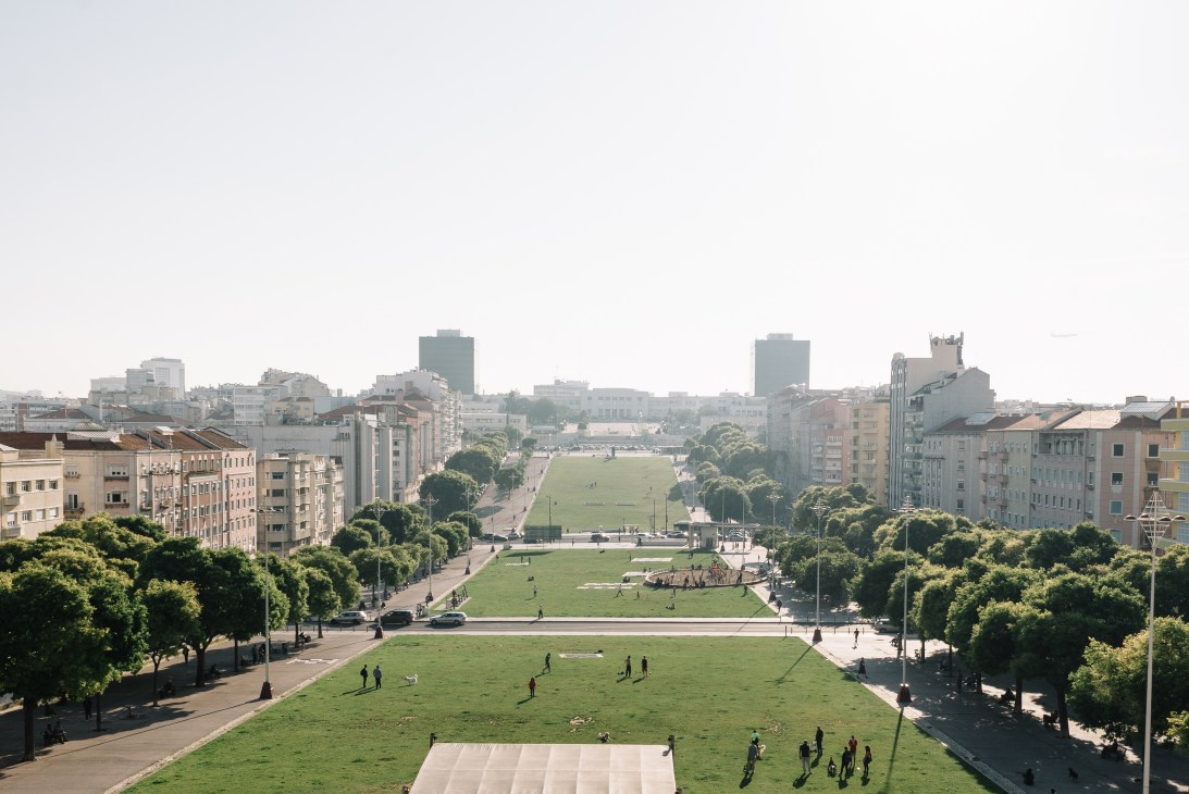 Aerial view of Alameda Dom Afonso Henriques Park with green lawns, tree-lined walkways, and surrounding Lisbon buildings.