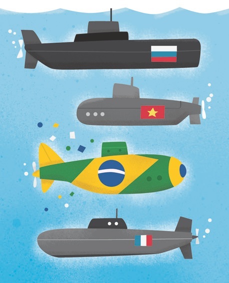 Illustration of four submarines with flags representing Russia, Vietnam, Brazil, and France in blue water.