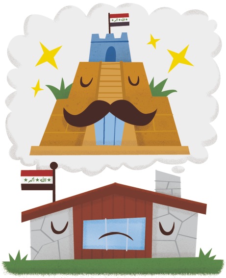 Illustration of a frowning ancient Mesopotamian ziggurat tower above a sad house with Iraqi flag, representing rejected embassy architecture plans.