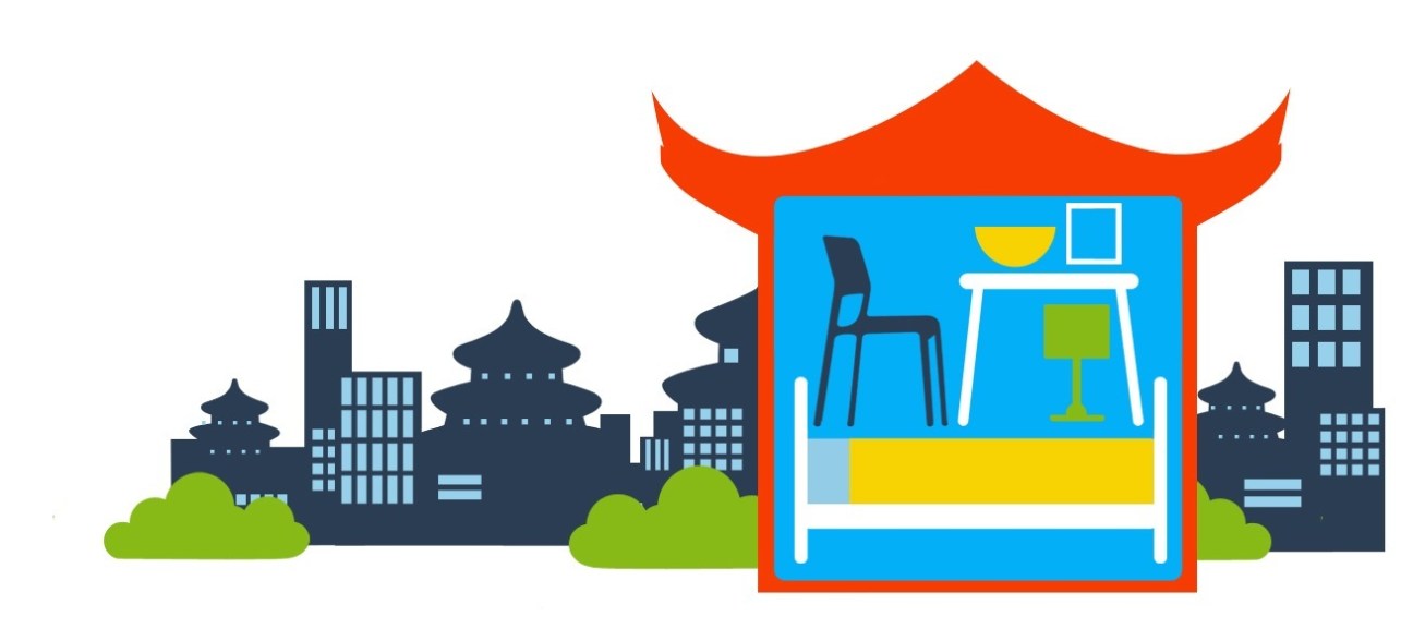 Illustration of a tiny bedroom with desk inside a red-roofed building surrounded by a cityscape silhouette.