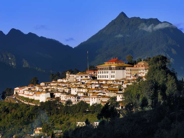 A Buddhist monastery with golden roofs and white walls perched on a mountainside in Bhutan surrounded by forested peaks.