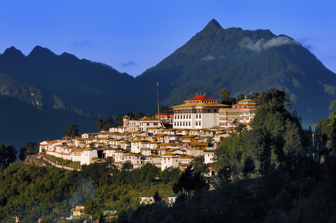 A Buddhist monastery with golden roofs and white walls perched on a mountainside in Bhutan surrounded by forested peaks.