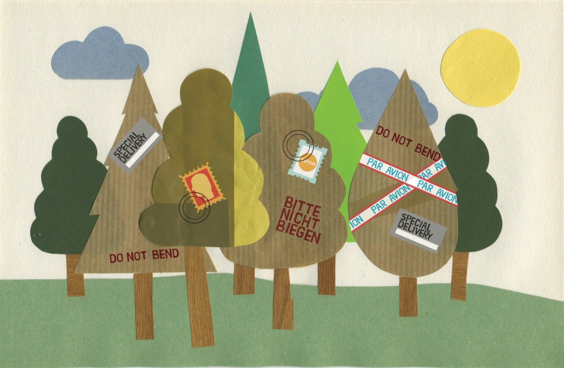 Illustration of stylized trees with postal labels and delivery stickers showing 'Do Not Bend' and 'Par Avion' markings.