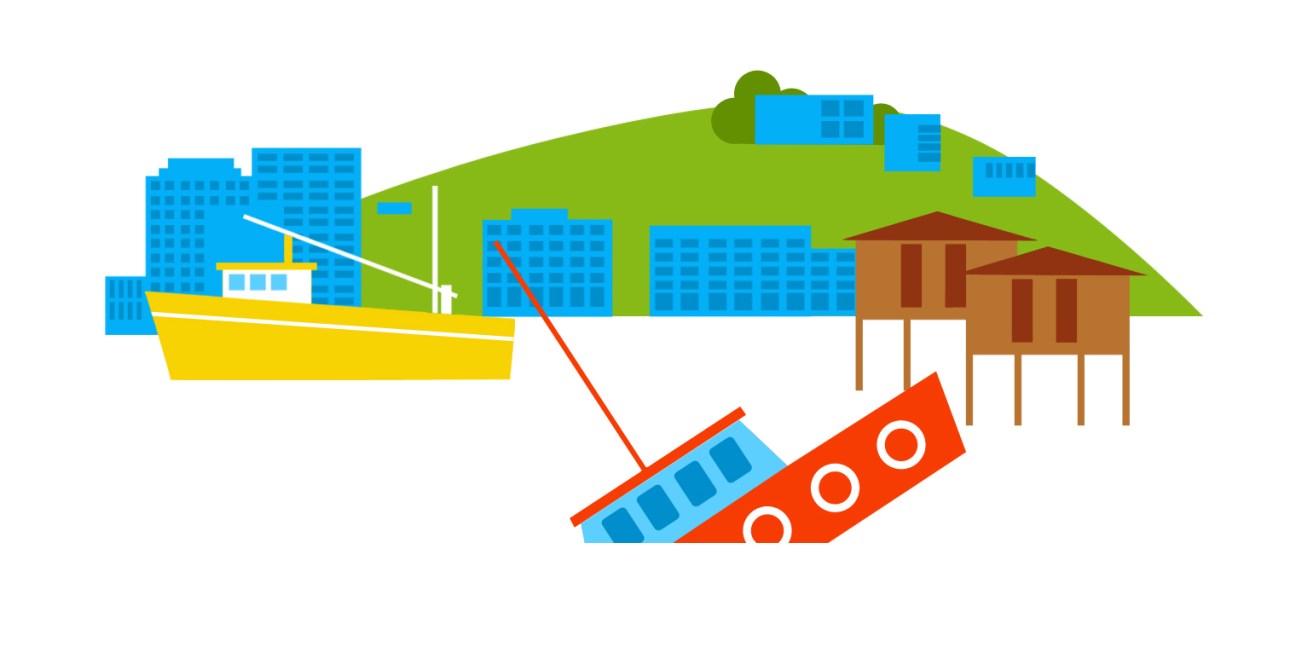 Illustration of a sinking ship with a cityscape and buildings in the background.
