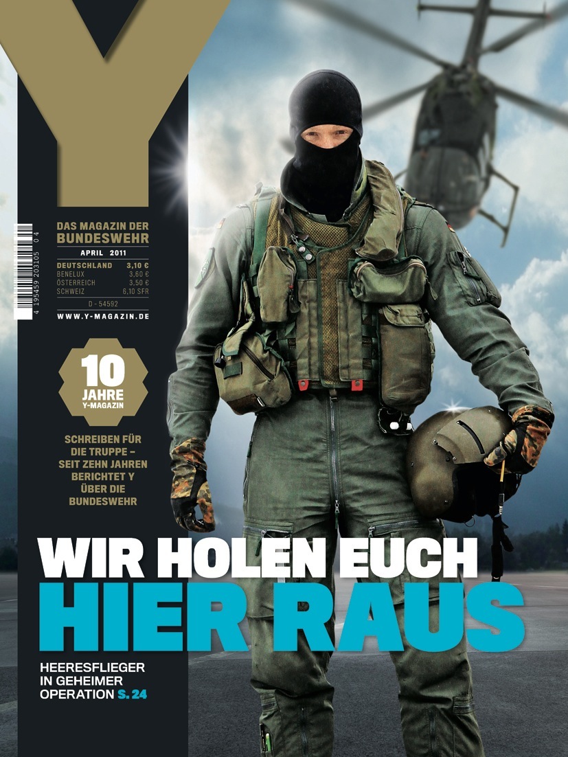 Cover of Y magazine's April 2011 issue featuring a masked Bundeswehr soldier in combat gear holding a helmet.