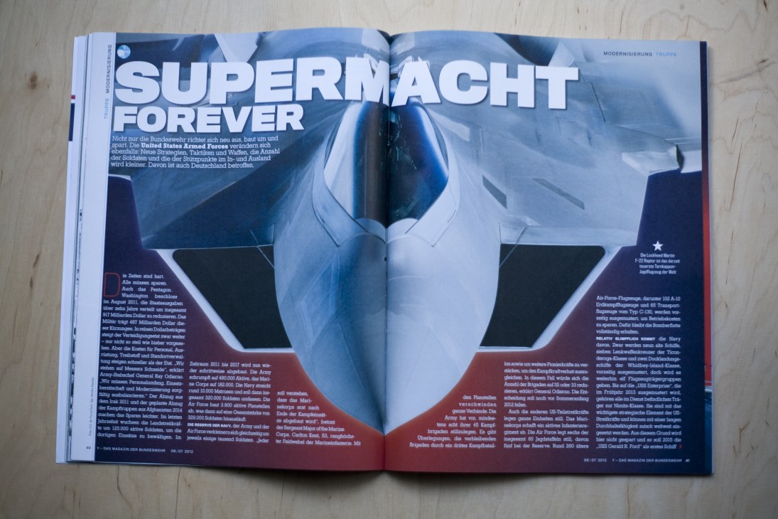 Magazine spread featuring 'Supermacht Forever' article with military aircraft imagery and German text.