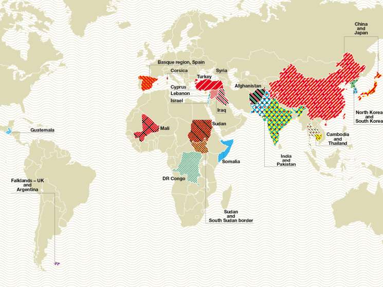 World map showing 20 conflict zones highlighted in different colors and patterns across continents.