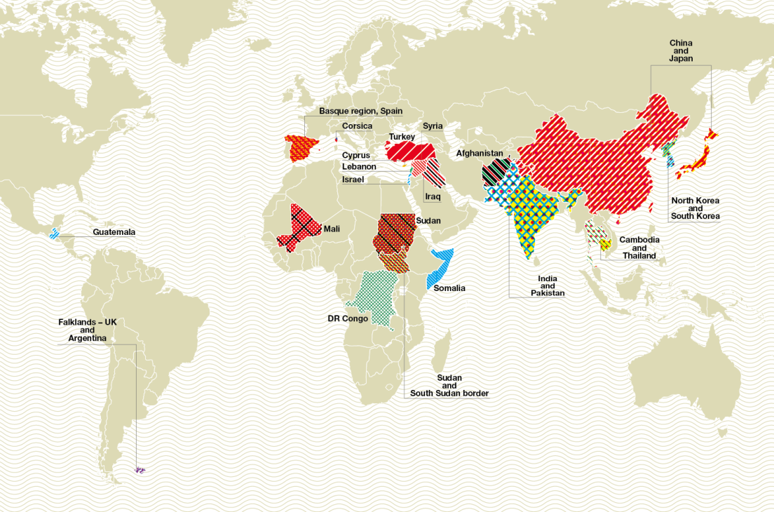 World map showing 20 conflict zones highlighted in different colors and patterns across continents.