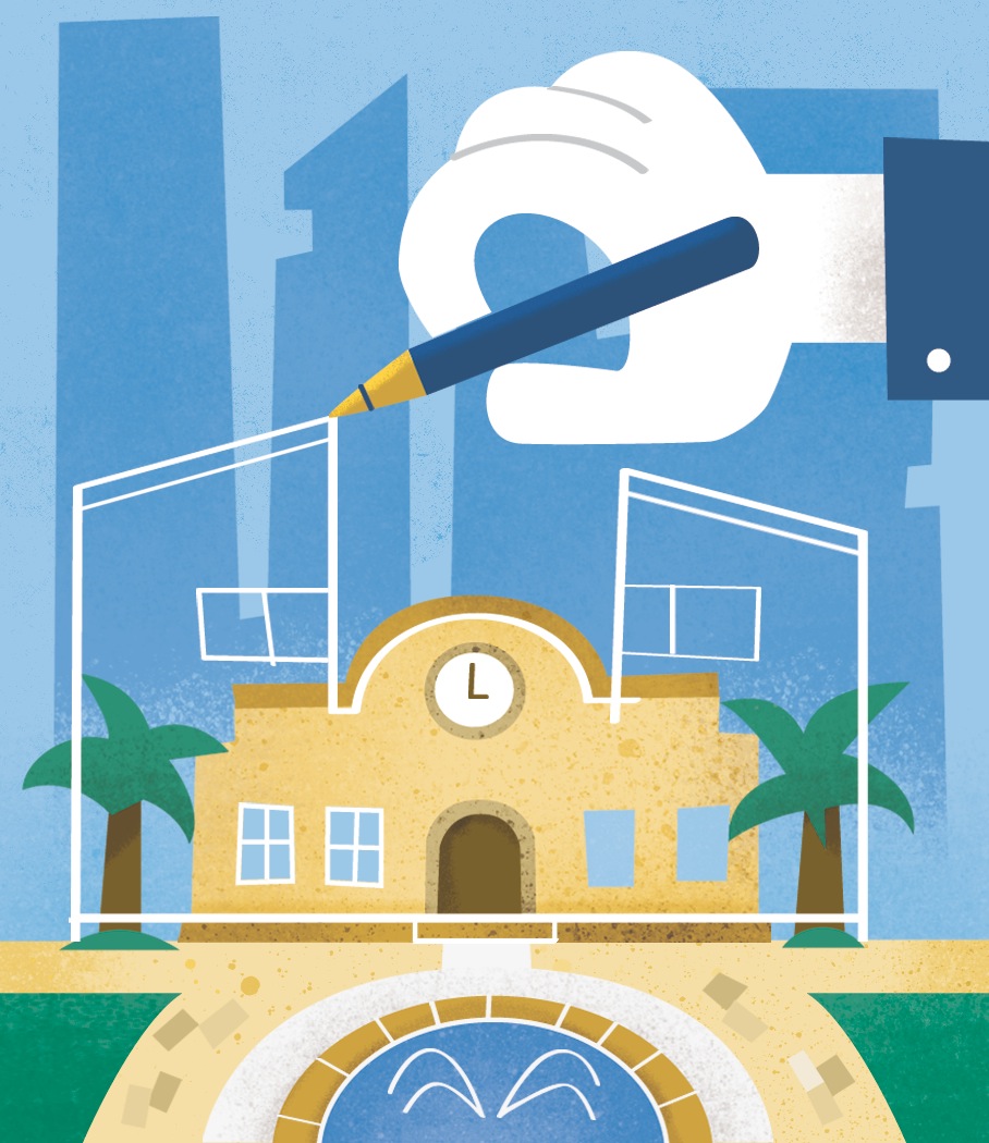 Illustration of a yellow building with a clock tower being painted by a large brush, symbolizing urban development in Santiago Centro.