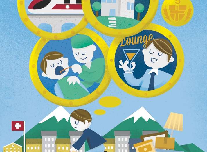 Illustration of Swiss lifestyle including train, house, family, and person on bicycle with Swiss flag and mountains.