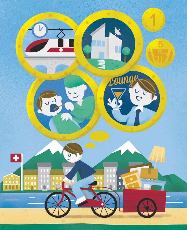 Illustration of Swiss lifestyle including train, house, family, and person on bicycle with Swiss flag and mountains.