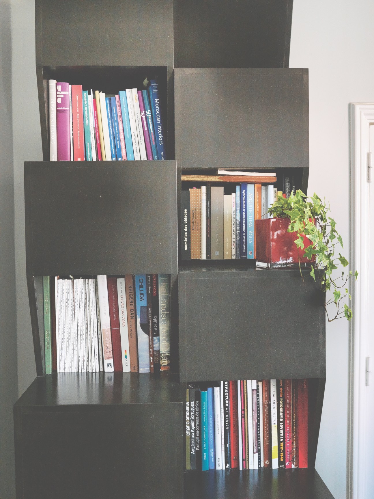 Modular black shelving unit filled with colorful books and a potted plant.