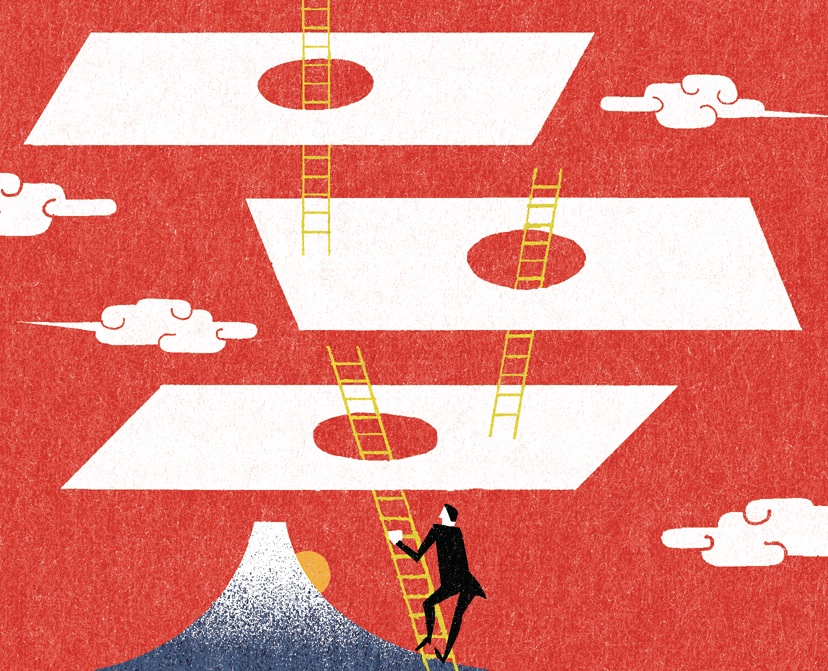 Illustration of a businessman climbing ladders between floating platforms against a red background.