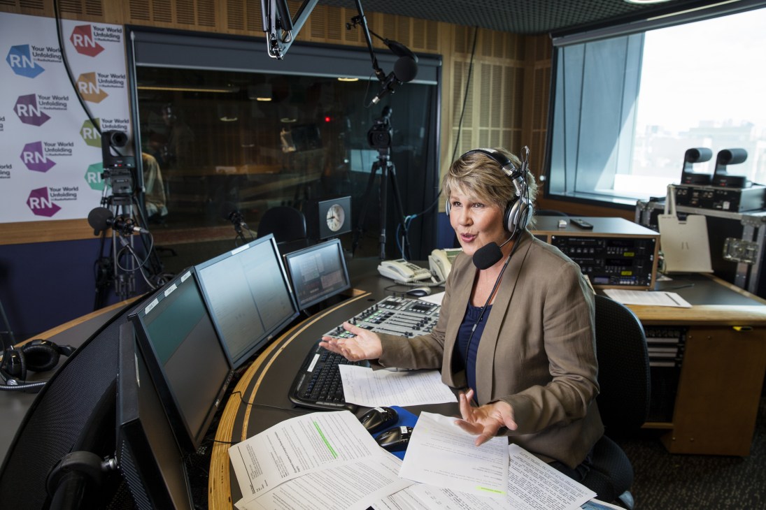 Fran Kelly hosts ABC Radio National's Breakfast programme from a broadcasting studio.